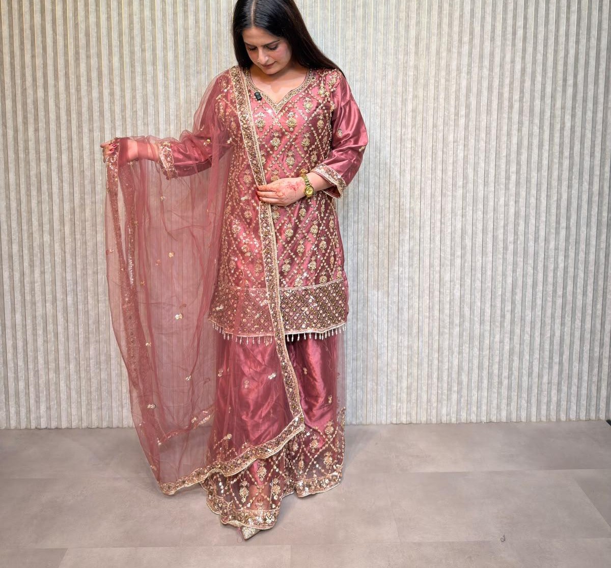 Dusty rose embroidered Punjabi suit from Mohammadi Saree House