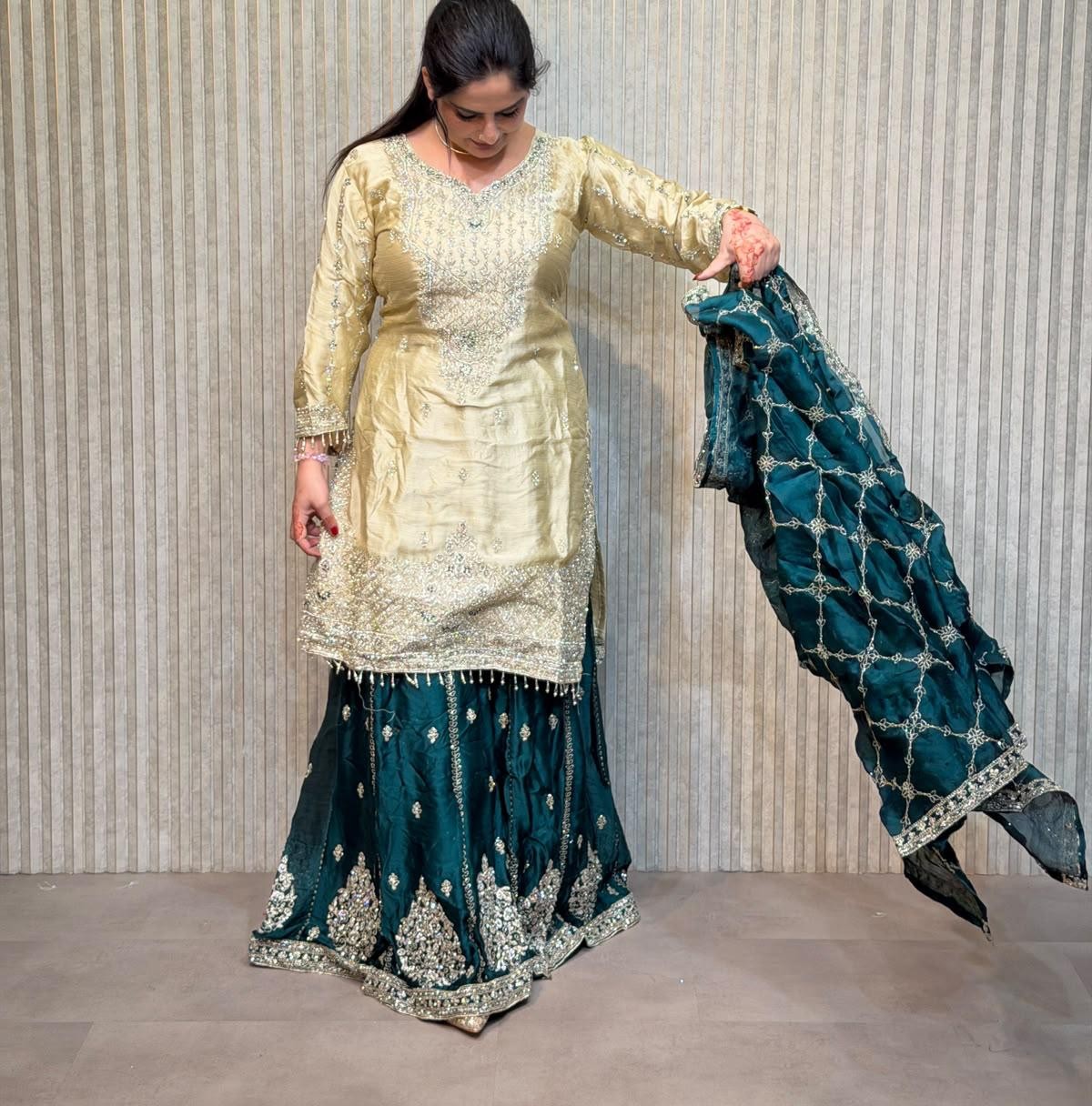 Cream and teal Punjabi suit from Mohammadi Saree House