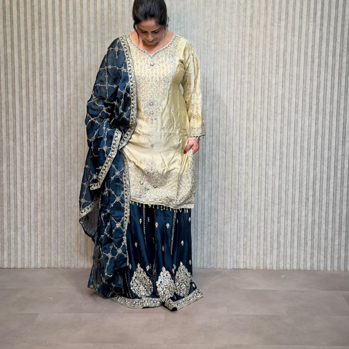 Cream and navy Punjabi suit from Mohammadi Saree House