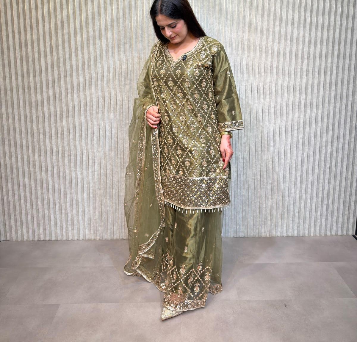 Olive green embroidered Punjabi suit from Mohammadi Saree House